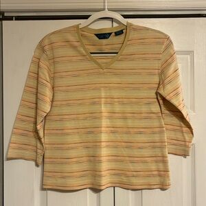 Vintage Astra, Beige and Orange Striped V-Neck Top, Made in Korea